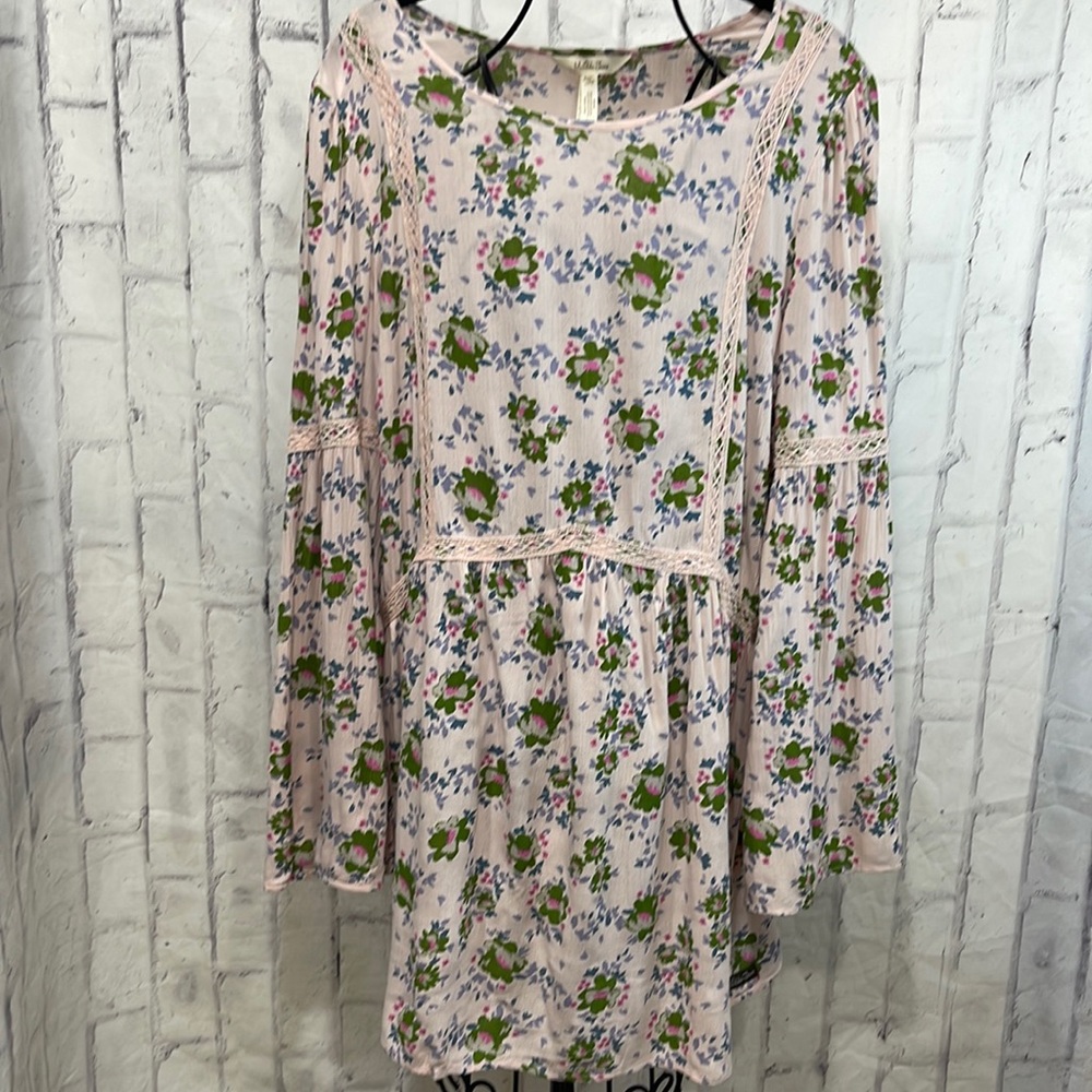 Matilda Jane Like a Lady Tunic Blouse Pink Floral Bell Sleeve Crochet Trim NWT